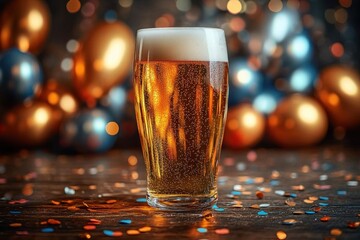 Pint glass of amber beer with frothy white head and rising bubbles on a wooden table with colorful confetti and blurred metallic balloons, festive mood