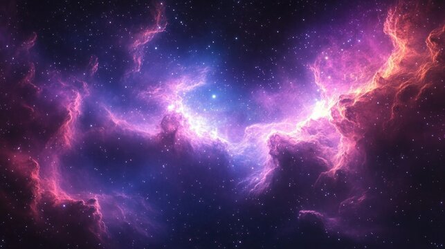 Vibrant purple and pink interstellar nebula with glowing core, drifting stardust and swirling gas clouds evoking awe and cosmic wonder