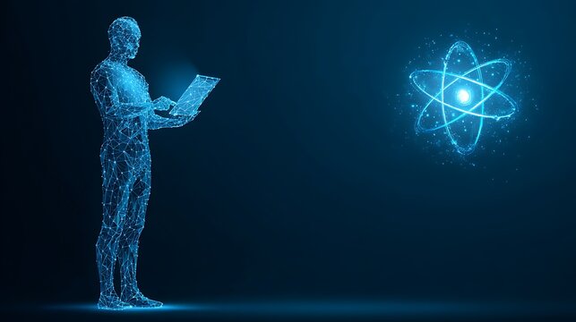 Abstract Digital Man Working on Laptop with Glowing Atom Hologram. Technology, Science, and Artificial Intelligence Concept. - Powered by Adobe