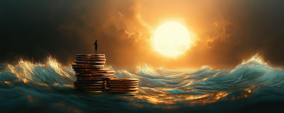 Silhouette of a lone person standing on stacked coins amid turbulent ocean waves at a golden sunset, evoking isolation, precarious resilience and financial uncertainty