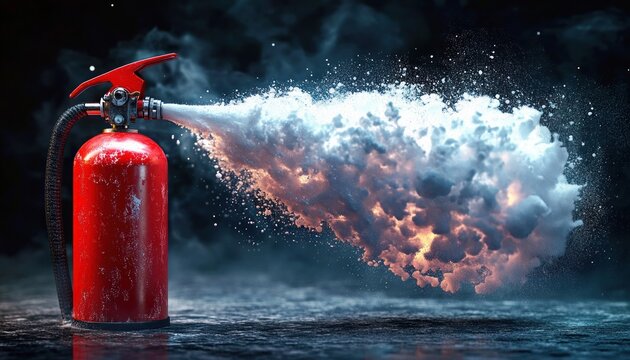Red fire extinguisher discharging white foam and powder into glowing orange flames on wet reflective surface, dramatic urgent firefighting action
