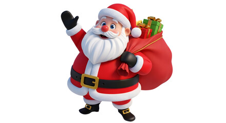 Full body illustration of santa claus waving and carrying a sack of gifts