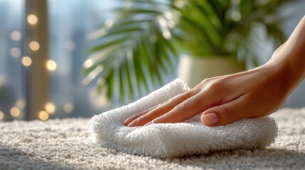 A person is cleaning a soft surface with a white cloth, surrounded by greenery and soft light, creating a serene and tidy atmosphere.