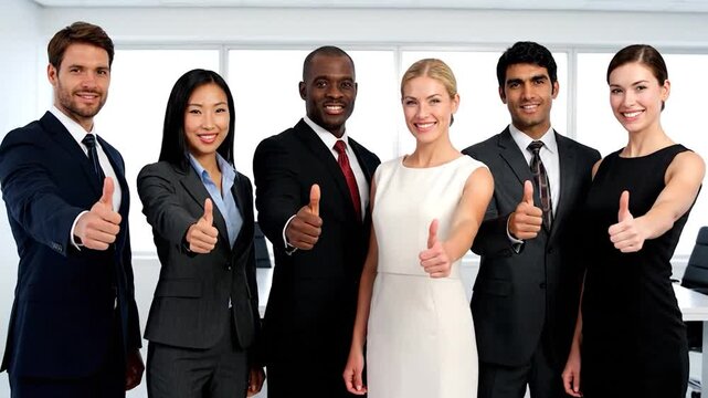 Diverse group of business professionals in formal attire giving thumbs up, smiling at the camera