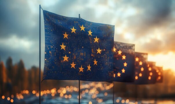 Waving blue flags patterned with a circle of golden stars glowing in warm sunset light, soft bokeh city lights in background, evoking unity and hopeful calm