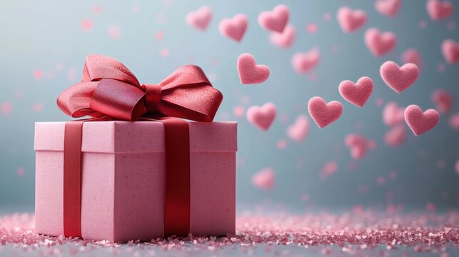 pink gift box wrapped with red satin ribbon and bow, surrounded by heart-shaped confetti and drifting fuzzy pink hearts in a dreamy romantic scene