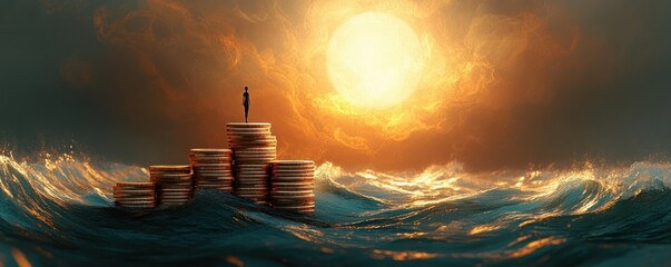 A lone figure stands on stacks of coins in a turbulent ocean at sunset, golden light and dramatic sky evoking isolation, resilience and fragile hope