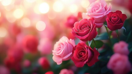 cluster of red and pink roses with green leaves, soft bokeh lights and warm glowing romantic atmosphere