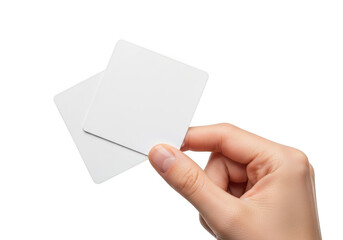 Hand holding blank white business cards mockup template for presentation, promotion and marketing, isolated on transparent background