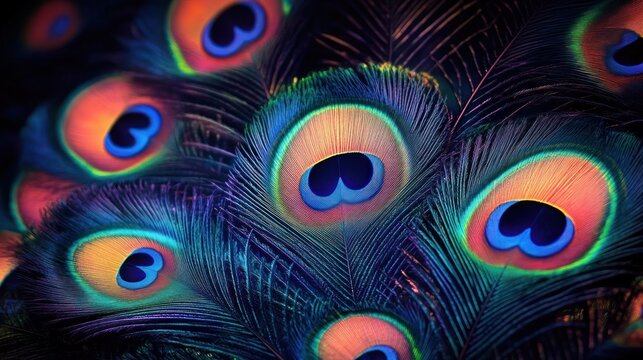 Close-up of iridescent peacock feathers with vibrant eye spots, intricate filaments and radiant blue, green and gold tones evoking a mesmerizing elegant mood - Powered by Adobe