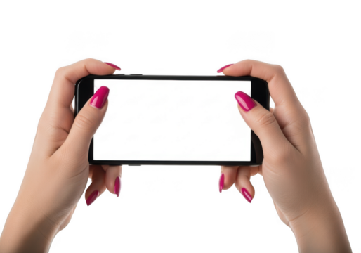 Woman hands holding mobile cell phone mockup with blank white screen display for app or website presentation isolated on transparent background
