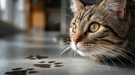 A close-up of a curious tabby cat observing paw prints on the floor, showcasing its striking eyes and whiskers.