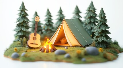 Cozy campsite with green tent, glowing campfire, acoustic guitar, surrounding pine trees and rocks evoking peaceful outdoor relaxation