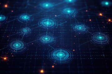 glowing blue network nodes connected by lines on a dark grid with orange sparks, futuristic digital connectivity and high-tech atmosphere
