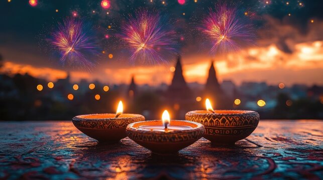 Three ornate clay oil lamps glowing on a patterned surface at dusk with colorful fireworks and blurred temple silhouettes, a warm festive and serene mood - Powered by Adobe