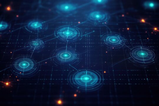 glowing blue network nodes connected by lines on a dark grid with orange sparks, futuristic digital connectivity and high-tech atmosphere