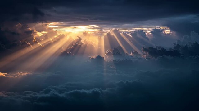 Stunning dramatic sky with sunlight rays breaking through dark clouds