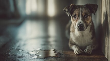 A dog gazes sadly from a wet floor, evoking a sense of loneliness and concern in a softly lit environment.