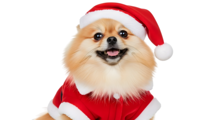 A cute pomeranian dog wearing a santa hat and suit