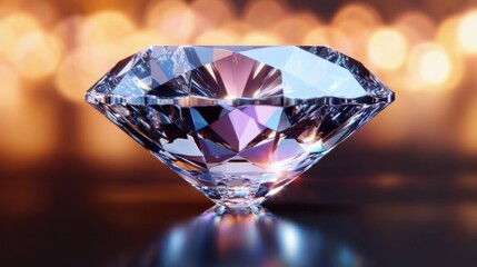 Brilliant faceted diamond gemstone resting on a reflective surface with blue and purple refractions and warm bokeh lights, evoking luxury and elegance