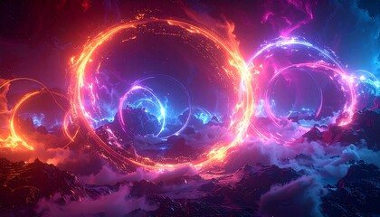 Dramatic landscape with vibrant energy rings floating above purple mountains