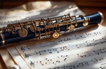 Fototapeta premium Close-up of a black wooden oboe with gleaming gold keys resting on aged sheet music, evoking a warm nostalgic classical music mood