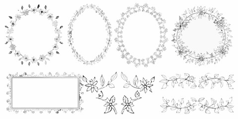 Obraz premium Collection of hand drawn floral wreaths frames and decorative elements in grayscale