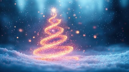 Glowing golden spiral tree of sparkling light with star topper on snowy ground, falling snow and blue bokeh lights creating a magical, serene festive atmosphere