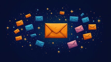 Colorful envelopes of various sizes floating and swirling among stars and sparkles against a deep blue night sky, a whimsical magical scene of messages and wonder