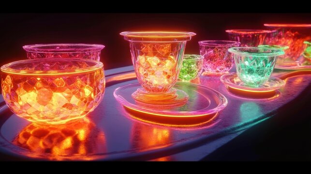 Array of crystalline glass teacups and saucers glowing in neon orange, pink, green and teal on a reflective tray, emitting a warm, mesmerizing futuristic ambiance
