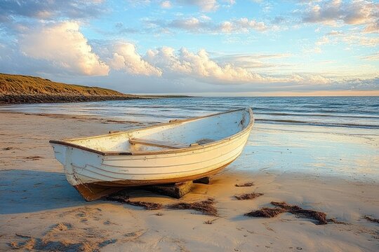 Weathered white rowboat resting on wet sandy beach at low tide with calm sea, grassy dunes and puffy clouds in warm golden light, peaceful and serene - Powered by Adobe