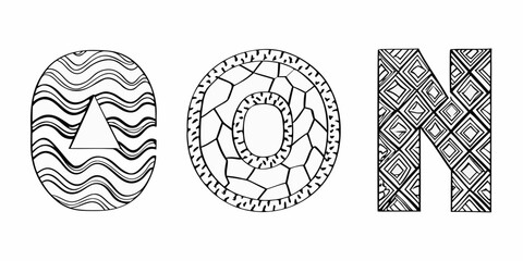 Decorative letters c o n with unique black and white patterns