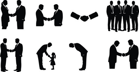 Business handshake silhouette set, corporate partnership deal, office team meeting, man bowing respect, woman agreement, people shaking hands, vector illustration collection
