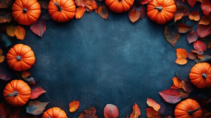 orange miniature pumpkins and red and orange autumn leaves framing a dark textured background, cozy harvest season mood