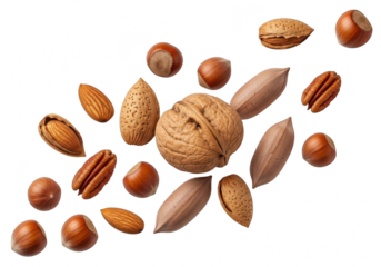 Mix of nuts isolated on transparent background, including almonds, hazelnuts, pecans, and walnuts for healthy eating concept