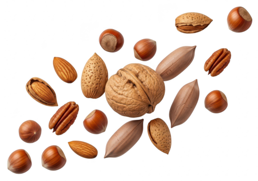 Mix of nuts isolated on transparent background, including almonds, hazelnuts, pecans, and walnuts for healthy eating concept