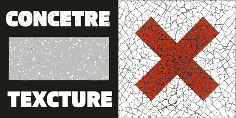 Abstract graphic design with concrete texture sample and red cross on cracked white background