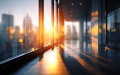 Business, empty office and blurred lobby with sunshine, bokeh and city workplace with opportunity. Sunset, interior and hallway in urban building with light flare, window and professional space