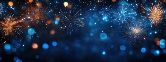 gold and blue fireworks bursting across a dark blue starry background with glowing bokeh lights, sparkling festive celebration and joyful atmosphere