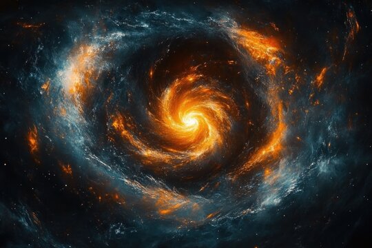 fiery spiral galaxy vortex with glowing orange core and teal nebula arms, swirling stars and dramatic cosmic energy evoking awe and mystery