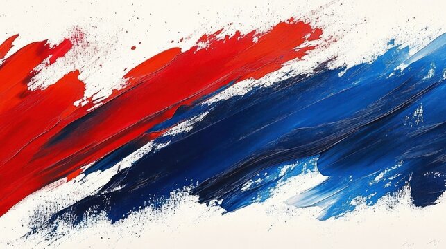 Bold red and blue diagonal brushstrokes and thick textured paint with splatters on a white canvas conveying energetic motion and contrast - Powered by Adobe