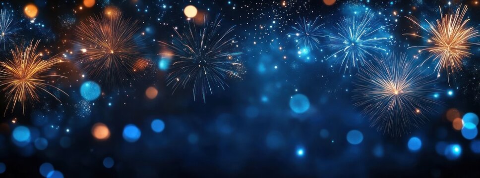 gold and blue fireworks bursting across a dark blue starry background with glowing bokeh lights, sparkling festive celebration and joyful atmosphere - Powered by Adobe