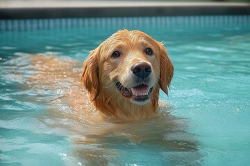happy golden retriever swimming in a blue backyard pool, joyful wet dog face and bright eyes