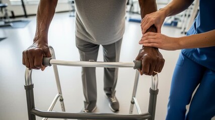 Female physiotherapist assisting a senior black man with a walker during rehabilitation - Powered by Adobe