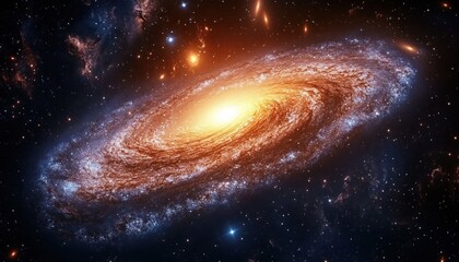 Majestic spiral galaxy with a glowing golden core and swirling blue star-filled arms, surrounded by distant glowing galaxies and stars, evoking awe and cosmic wonder