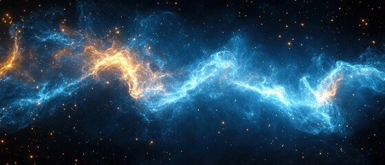 Sweeping blue and gold nebula filament arcing across a star-filled black void, wispy gaseous clouds and glowing orange points evoking awe and cosmic wonder