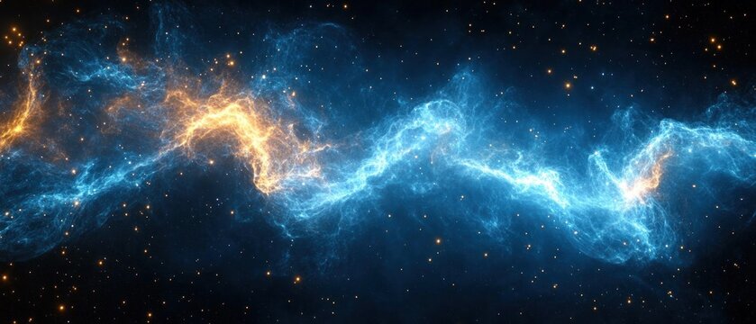Sweeping blue and gold nebula filament arcing across a star-filled black void, wispy gaseous clouds and glowing orange points evoking awe and cosmic wonder