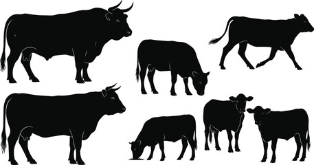 Cow and bull silhouette vector set, farm animal collection, grazing cattle shapes, agriculture livestock graphics, dairy beef design, isolated illustration icons, calf