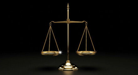 Elegant golden scales of justice against a stark black background, representing fairness and legal balance for law firms, attorneys, and judicial themes, symbolizing equality and impartiality