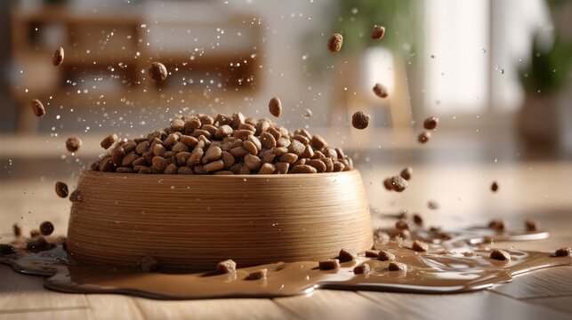 A bowl of chocolate cereal spills onto a wooden floor, creating a splash effect with droplets of milk.